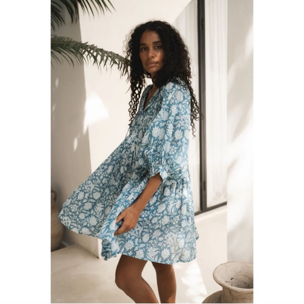 Daughters of India | Kyra Floral Mini Dress in Ocean Blue Size Medium